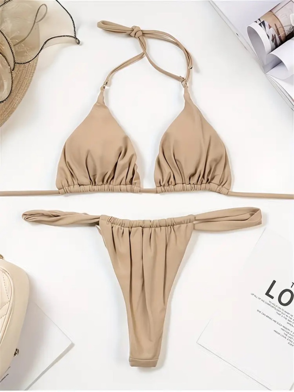 Nude Beige Thong Bikini Set